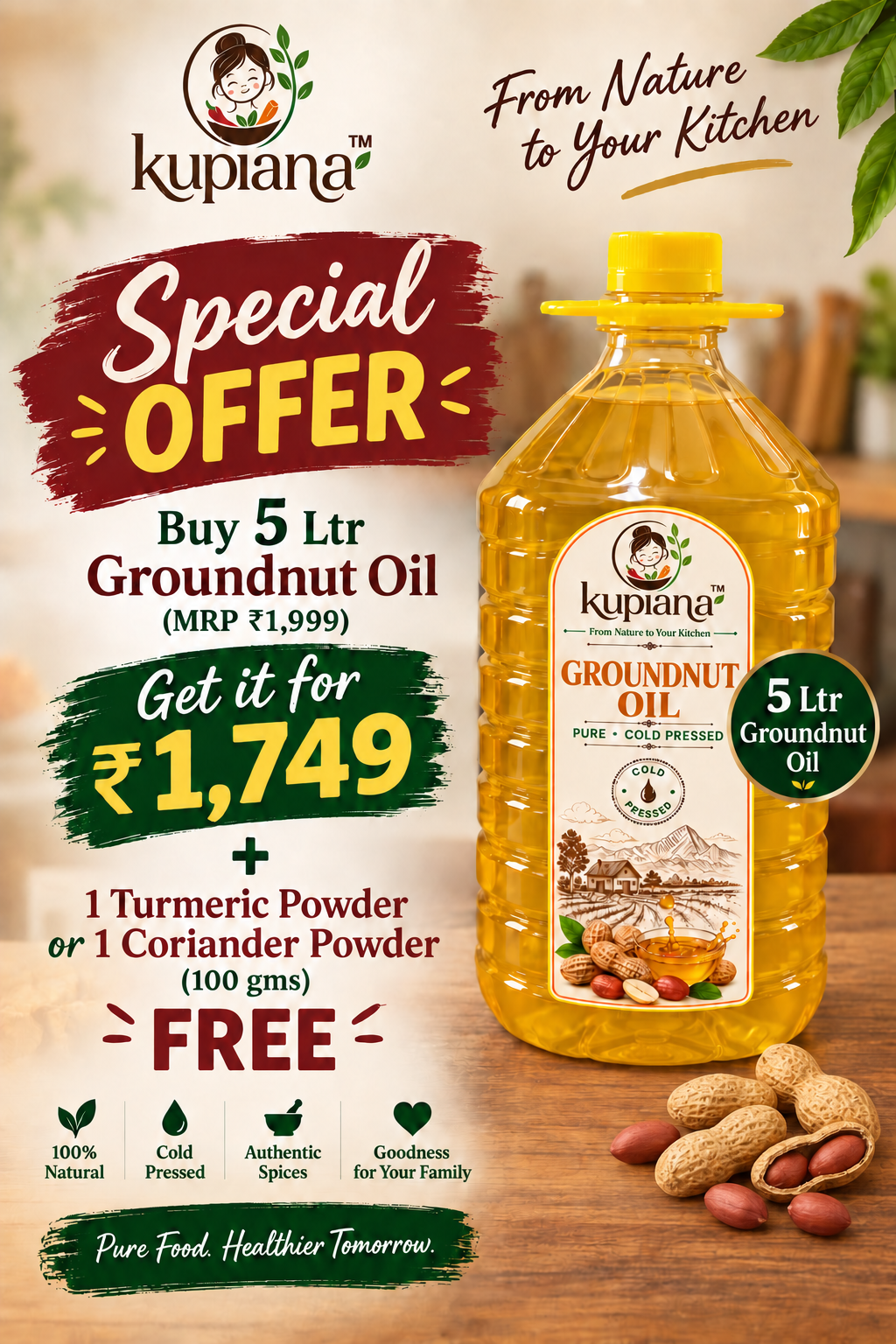 Get 5 litres of Kupiana Cold-Pressed Groundnut Oil for ₹1,749 🎉
